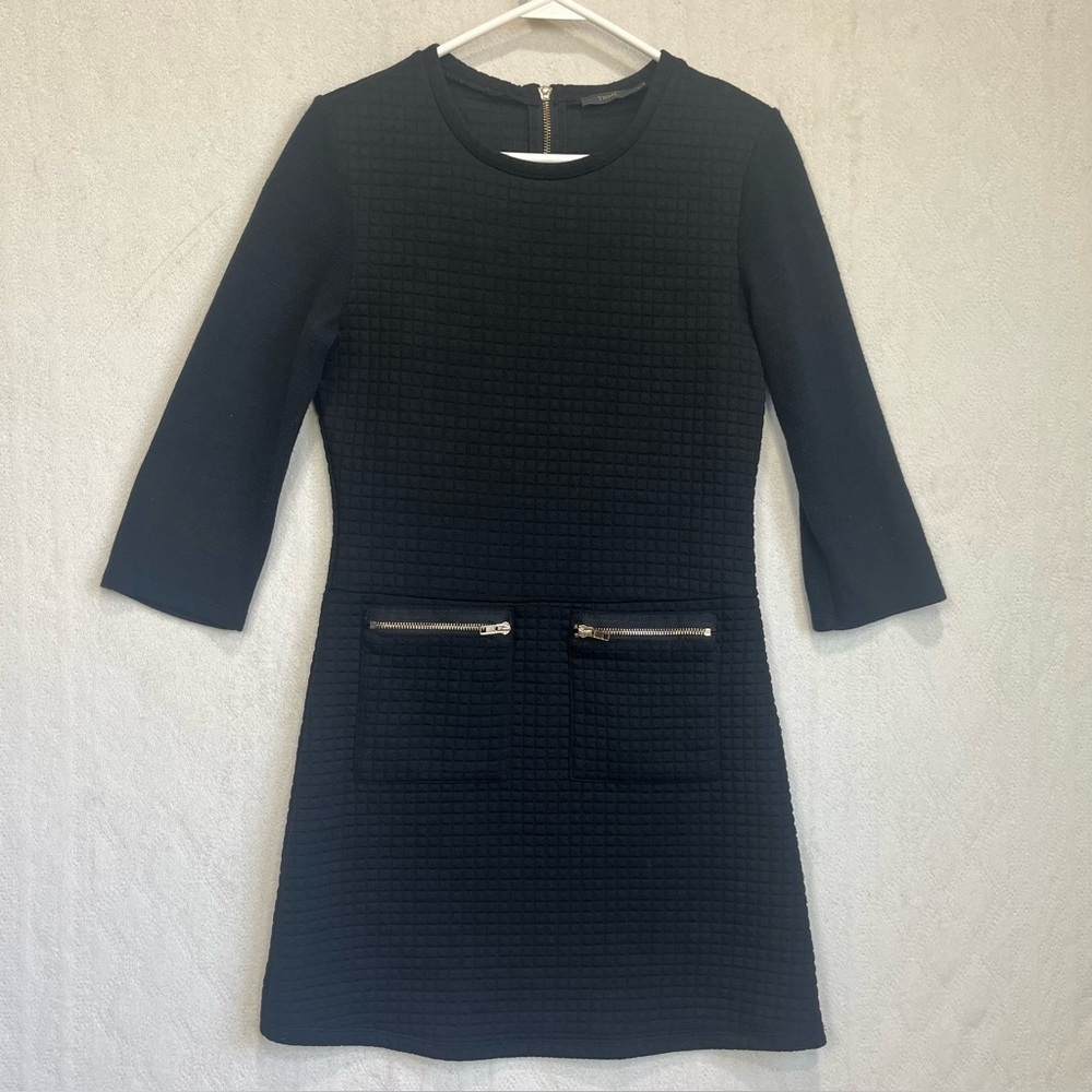 THML Black Retro Drop Waist Quilted Mini Dress Sz S 3/4 Knit Sleeve Jackie O